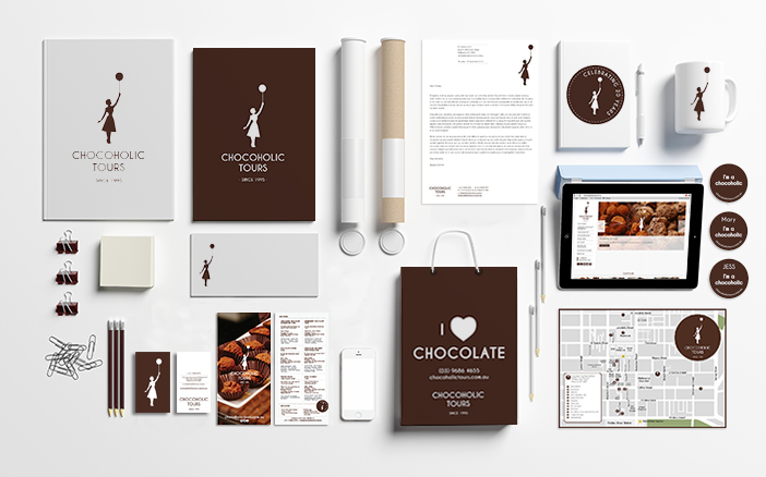all the graphic design done for Chocoholic tours on the table