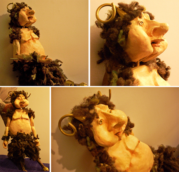four pictures of a faun puppet