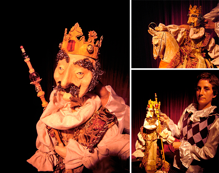 three photos of a king puppet